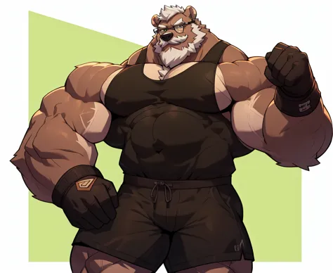 solo, 1boy, Huge Muscular Old Grizzly Bear Daddy wearing glasses , pectoral, huge pectoral, wide pectoral, short white hair, bla...
