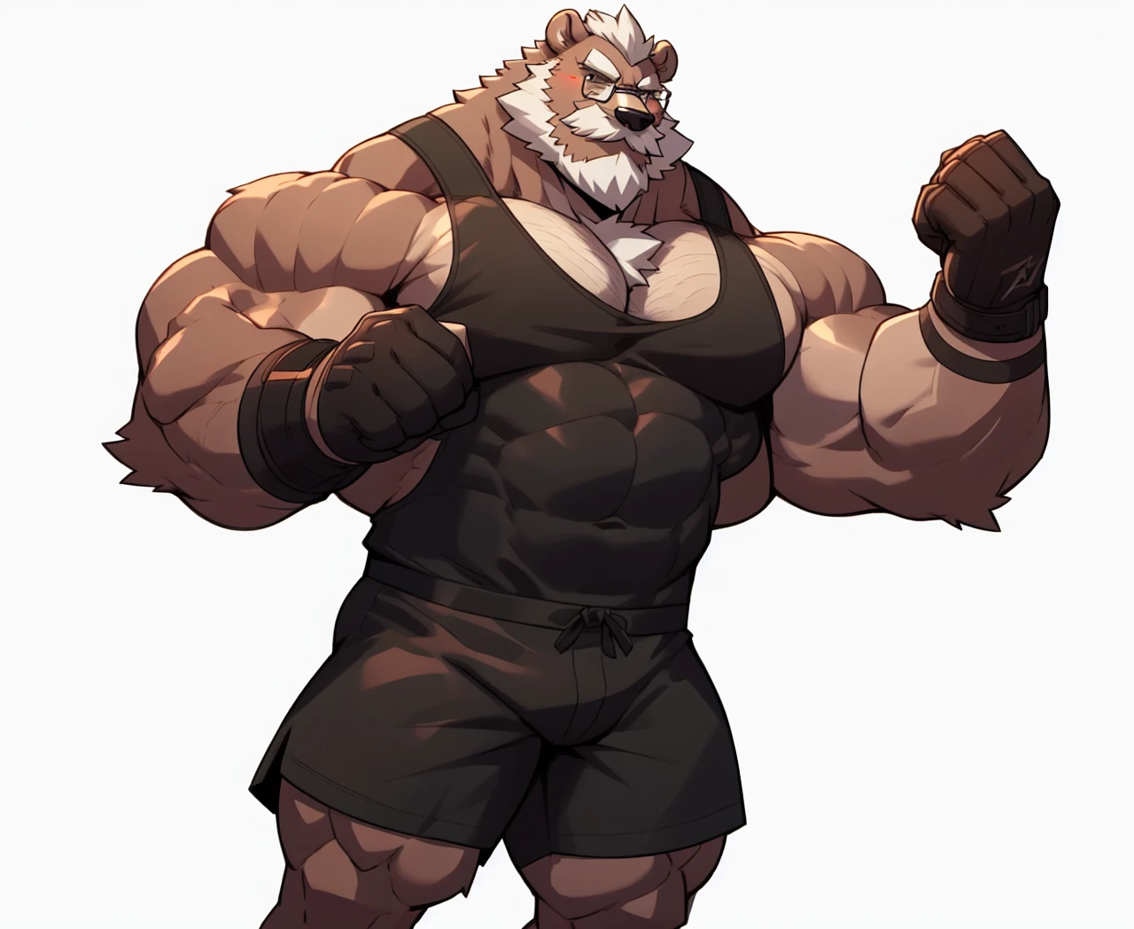 solo, 1boy, Huge Muscular Old Grizzly Bear Daddy wearing glasses , pectoral, huge pectoral, wide pectoral, short white hair, black gym short pants, gloves and wristbands and black tank top , bearded, Mustache, simple background, masterpiece, high detailed, 8k, high resolution, at the gym, light weight