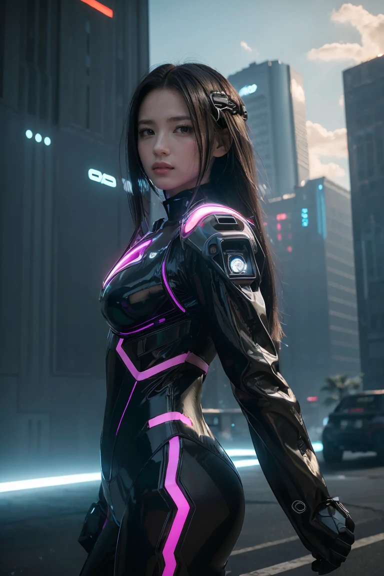 ((masterpiece, best quality, extremely detailed), volumetric lighting, ambient occlusion, colorful, glowing), 
1girl, solo, young girl, (dark hair), long hair, halo, aura, sacred, godness, cyber suit, (black outfit:1.3), android, bot, cybernetic wings,
outdoors, sunset, sky, clouds, space, (cyberpunk theme:1.2),