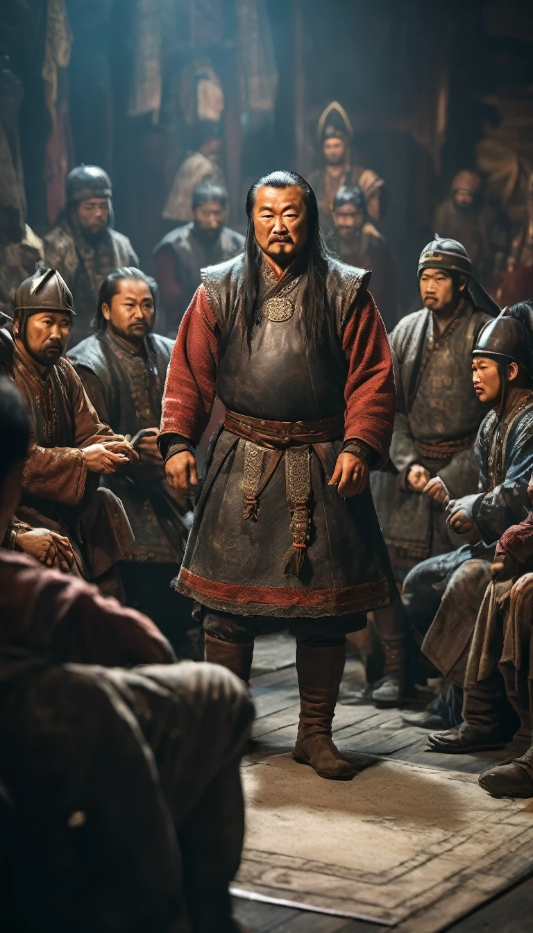 Genghis Khan recibe enviados de tierras lejanas, destacando el alcance diplomático del imperio mongol, fondo oscuro, Híper realista, ultra detailed Híper realista, Fotorrealista, iluminación de estudio, reflexiones, pose dinámica, cinematográfico, Escala de colores, fotografía, Disparado con lente de 50 mm, Ultra gran angular, profundidad de campo, hiperdetallado, Hermoso color, 8K