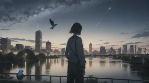 真っ暗なnight空,Octane, star (null), scenery, Blue parakeet,The acoustic guitar is in front of the body.,star, night, A girl and a bo...