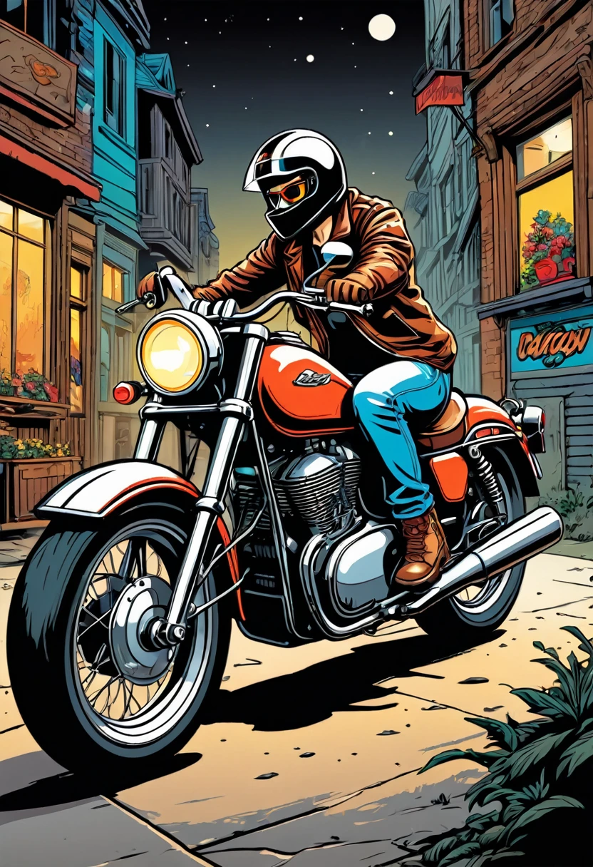 In dieser hochauflösenden, beste Bildqualität, wir sehen ein faszinierendes Kunstwerk im Comic-Stil. Das Design zeigt ein bezauberndes Motorrad . Dieses Meisterwerk der Vektorgrafik zeigt die Kreativität und Liebe zum Detail, Perfekt für ein T-Shirt-Design oder Stickerkunst. Der Künstler&#39;s gekonnter Einsatz von Linien und Konturen unterstreicht den Charakter&#39;s einzigartige Persönlichkeit, während die leuchtenden Farben für ein spannendes Element sorgen. Mit seinem verführerischen Charme und seiner makellosen Ausführung, Diese Illustration ist wirklich ein Meisterwerk.