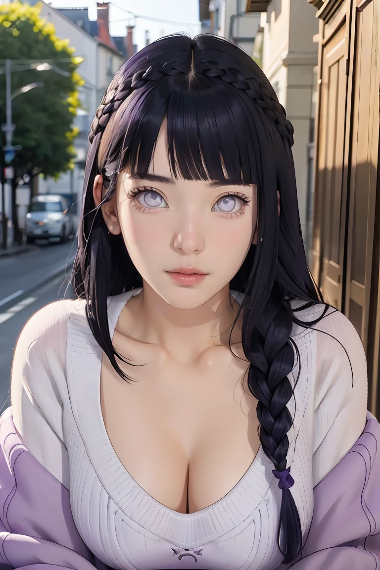 tmasterpiece， best qualityer， ultra - detailed， illustration，1girll，
long whitr hair，dark-blue hair，french braid，Purple eye，bluntbangs，cleavage，Large breasts
sweater
mideum breasts， 
looking at viewert，hyouka/（Boruto/），Detailed lips