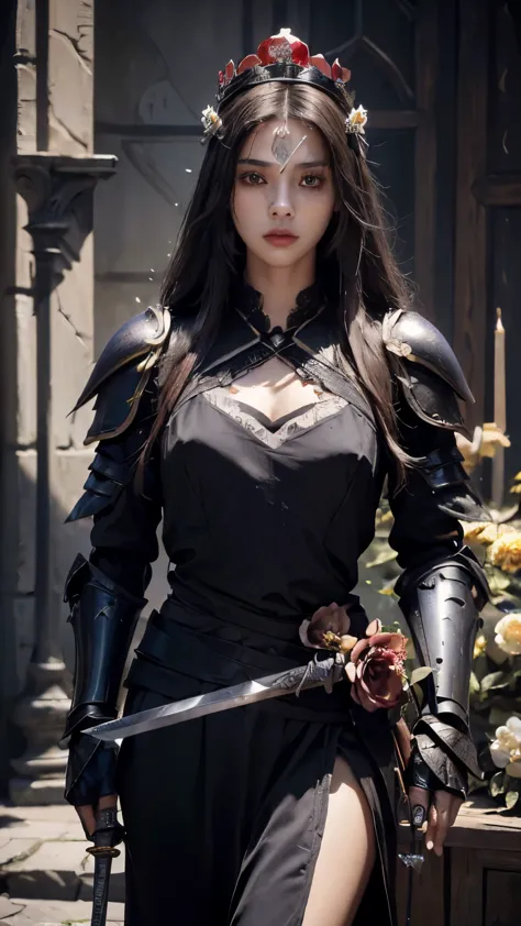 model shoot,1 girl, (innocent face:1.4), long hair, (assassin armor:1.5), black clothes, race:1.5, bare waist, ( beautiful crown...