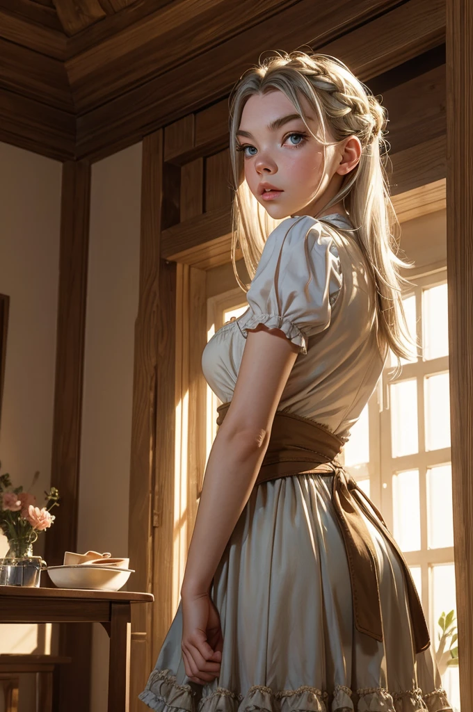 1girl, (Anya Taylor-Joy:1.2), realistic, photorealistic, graphic novel, impossible clothes, thick lips, full lips, big lips, (surprised:1.2), (shocked:1.2), [blonde hair|silver hair], two-tone hair, shiny hair, sunbeam, god-rays, bursting breasts, ambient light, rim-light, rimlighting, backlighting, realistic, (photorealistic:1.1), (lineart:0.8) irndl, a woman in traditional bavarian dress Standing poses for a picture , german woman, wearing a dirndl, Anya-Taylor-Joy
