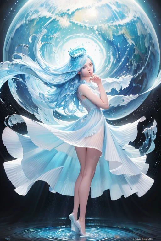 (masterpiece, best quality, high quality, highres, ultra-detailed), 1girl,solo,light_blue_hair,liquid hair, long hair,floating hair, full body, standing,sundress, liquid clothes,water dress,  best quality, 8k, detailed skin texture,  beautiful detailed face, intricate details, ultra detailed,dancing,   skirt_tail,