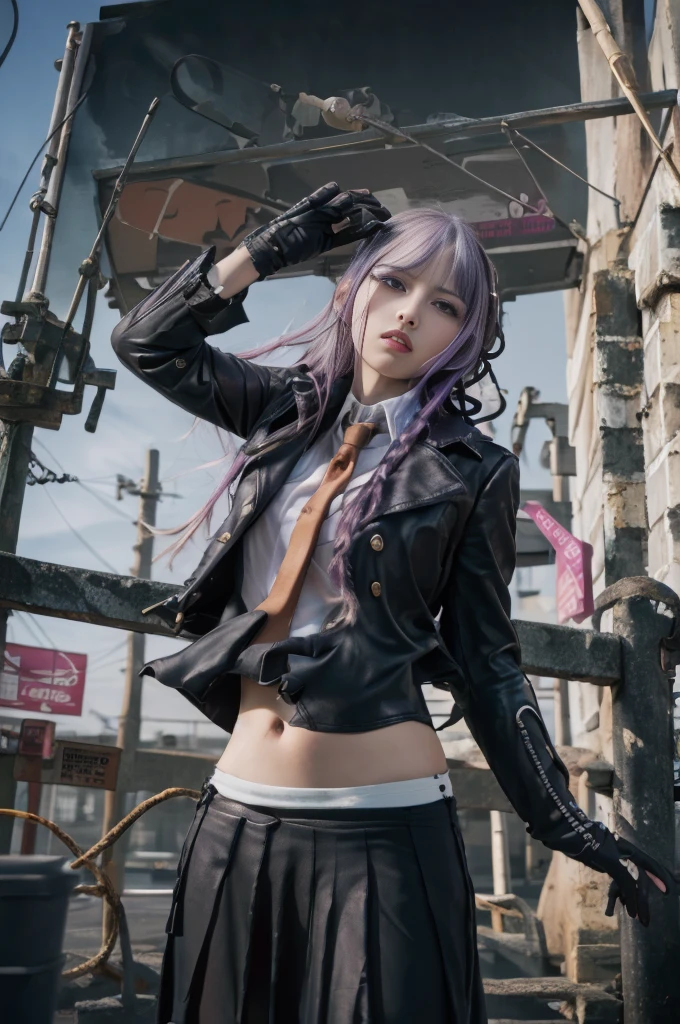 photo realistic, masterpiece, realistic, high contrast, hyper detailed, best quality, ultra high res, photo realistic, high resolution, detailed, raw photo, kirigiri kyoko, Long hair, Purple hair, Side braid, Blunt bangs, Hair Ribbon, a black ribbon, High collar, Brown tie, black leather motorcycle jacket, Long sleeves, Black leather Gloves, Black mini skirt, Pleated skirt, Black long boots, Full Shot, Danganronpa \(Series\), Street, Full Shot, Looking at Viewer, White shirt, woman, (((from below))), busy city, foreshortening, (seductive pose), looking at viewer, mad, (eye contact), japanese girl,