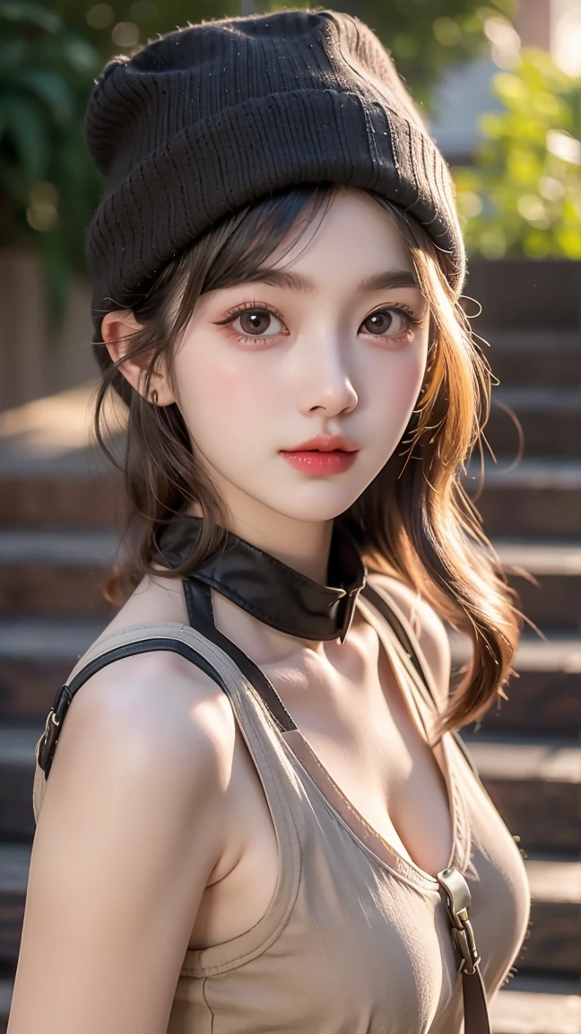 1 woman,Thoroughness, analog style, eye focus, best quality, (very detailed skin), Photo of an exquisitely beautiful pale skin punk Dutch girl, 21 years old, (Wearing Harness, and beanie), perfect face, alluring eyes, [Seductive makeup], skin pores, (piercing:0.5), outdoor, in front of wooden stairs, (bokeh:0.6), sharp focus, dappled lighting, (backlight:0.7), film grain, Sony A7R IV로 촬영, 18mmF/1.7 Cine Lens, (very detailed, intricately detailed), 8K, HDR, Posing seductively, front view, (upper body:0.9)