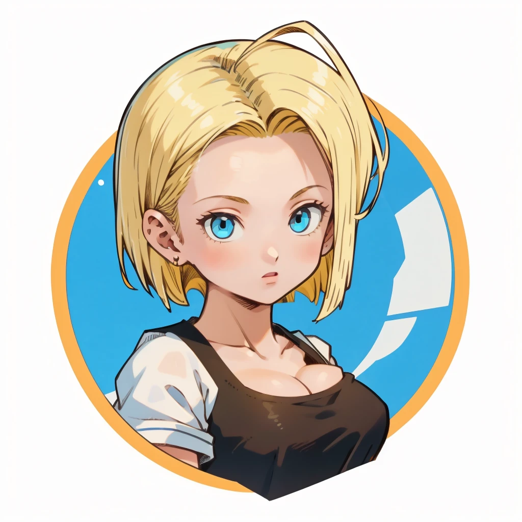 ((1girl,  android 18 , blonde hair, short hair, blue eyes, 1girl, white background, blonde hair, white shirt)), upper body, anatomically correct, short hair, chibi, simple background, cleavage, looking at the viewer, 