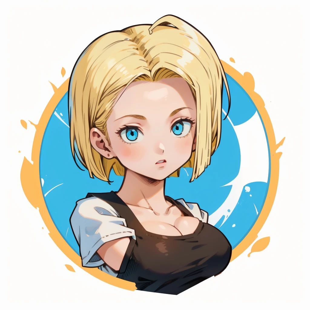 ((1girl,  android 18 , blonde hair, short hair, blue eyes, 1girl, white background, blonde hair, white shirt)), upper body, anatomically correct, short hair, chibi, simple background, cleavage, looking at the viewer, 