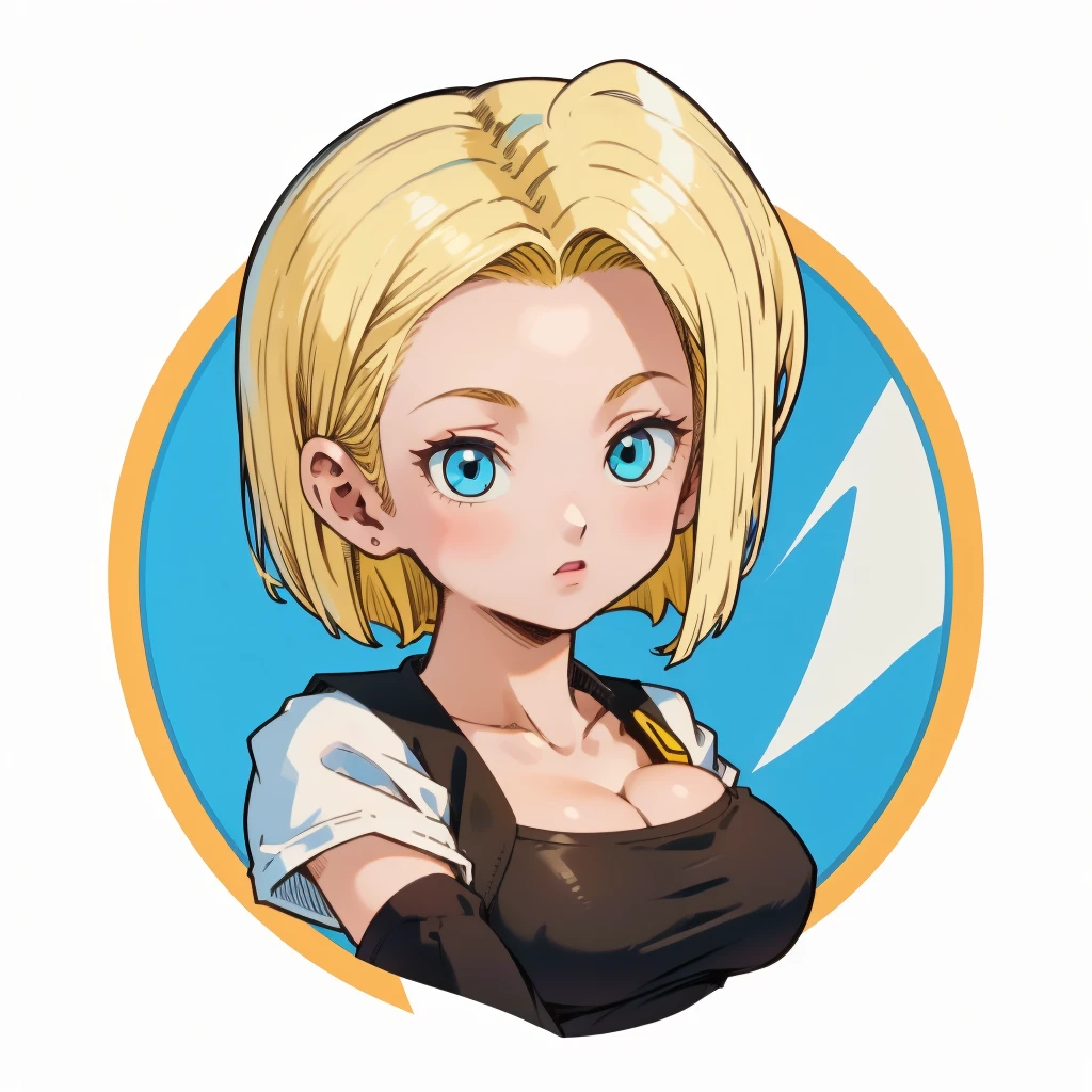 ((1girl,  android 18 , blonde hair, short hair, blue eyes, 1girl, white background, blonde hair, white shirt)), upper body, anatomically correct, short hair, chibi, simple background, cleavage, looking at the viewer, 