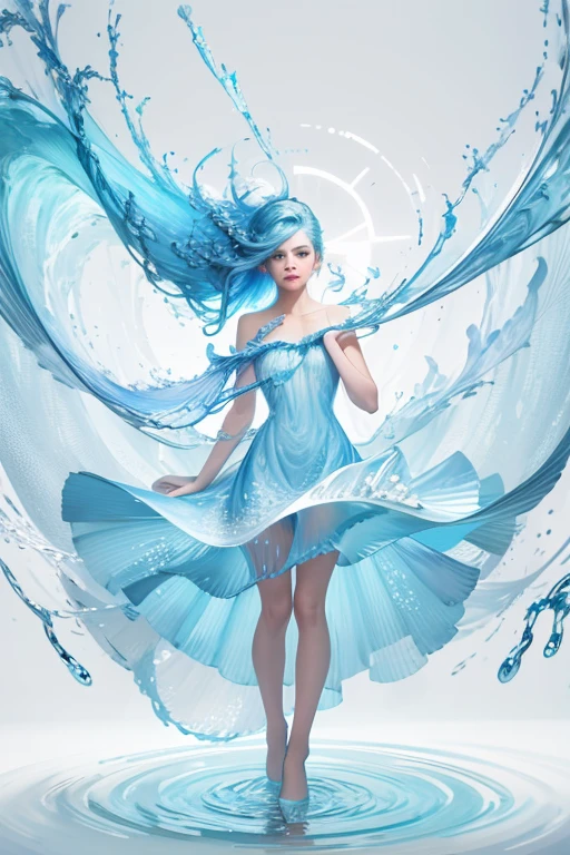 (masterpiece, best quality, high quality, highres, ultra-detailed), 1girl,solo,light_blue_hair,liquid hair, long hair,floating hair, full body, standing,sundress, liquid clothes,water dress,  best quality, 8k, detailed skin texture,  beautiful detailed face, intricate details, ultra detailed,dancing,   skirt_tail,
A close up of a woman with blue hair and a blue dress