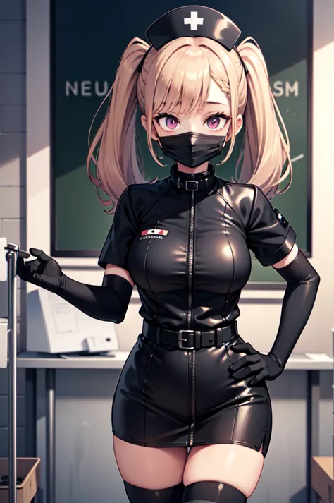 black nurse, 1girl, solo, black nurse cap, black nurse uniform, ((black legwear, zettai ryouiki)), black elbow gloves, twintails...