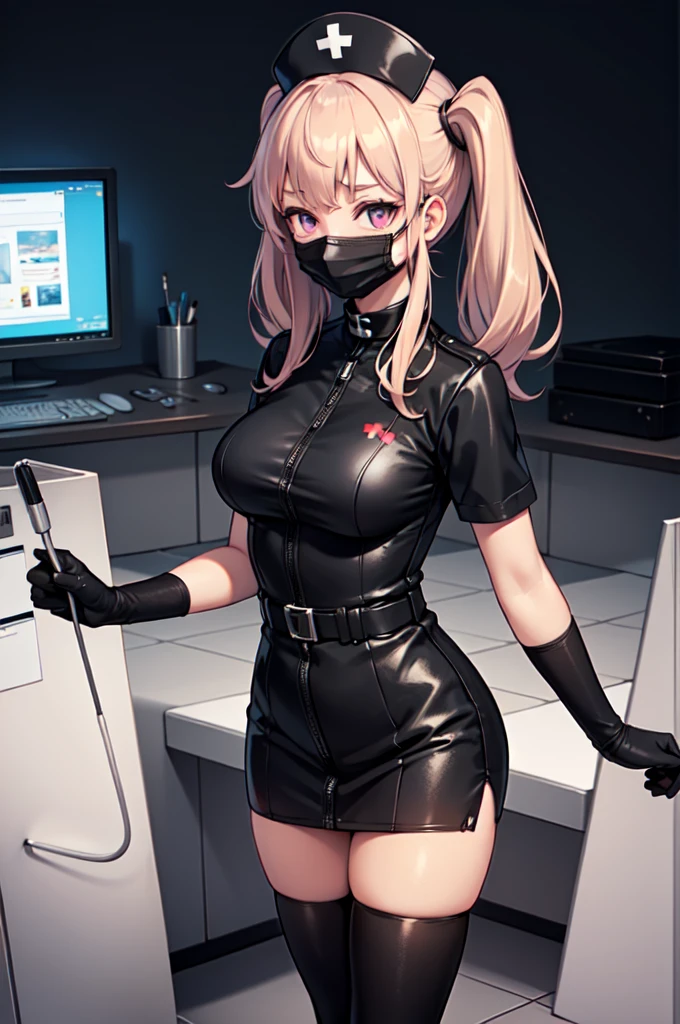 infirmière noire, 1fille, seulement, infirmière noire cap, infirmière noire uniform, ((collants noirs, zettaï ryôiki)), gants de coude noirs, Twintails, Cheveux blonds, yeux violets, ((masque chirurgical noir, nez couvert)), debout, ((salle d&#39;opération)), contour net, manches courtes, Meilleure qualité, chef-d&#39;œuvre