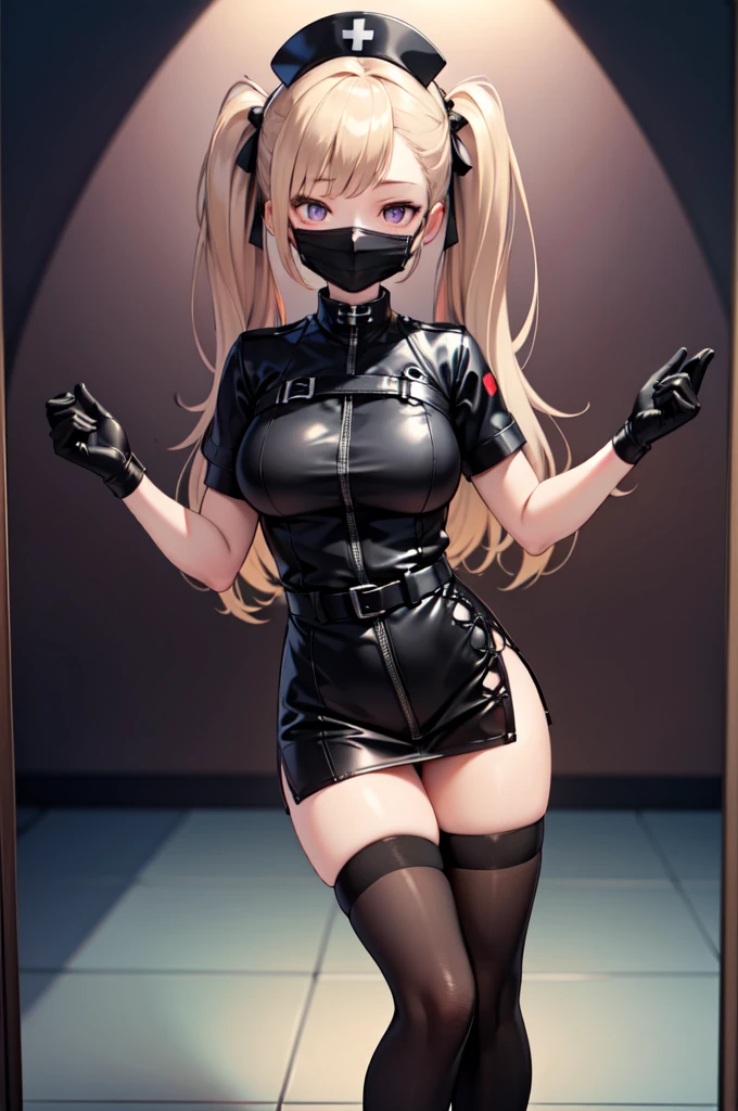 infirmière noire, 1fille, seulement, infirmière noire cap, infirmière noire uniform, ((collants noirs, zettaï ryôiki)), gants de coude noirs, Twintails, Cheveux blonds, yeux violets, ((masque chirurgical noir, nez couvert)), debout, ((salle d&#39;opération)), contour net, manches courtes, Meilleure qualité, chef-d&#39;œuvre