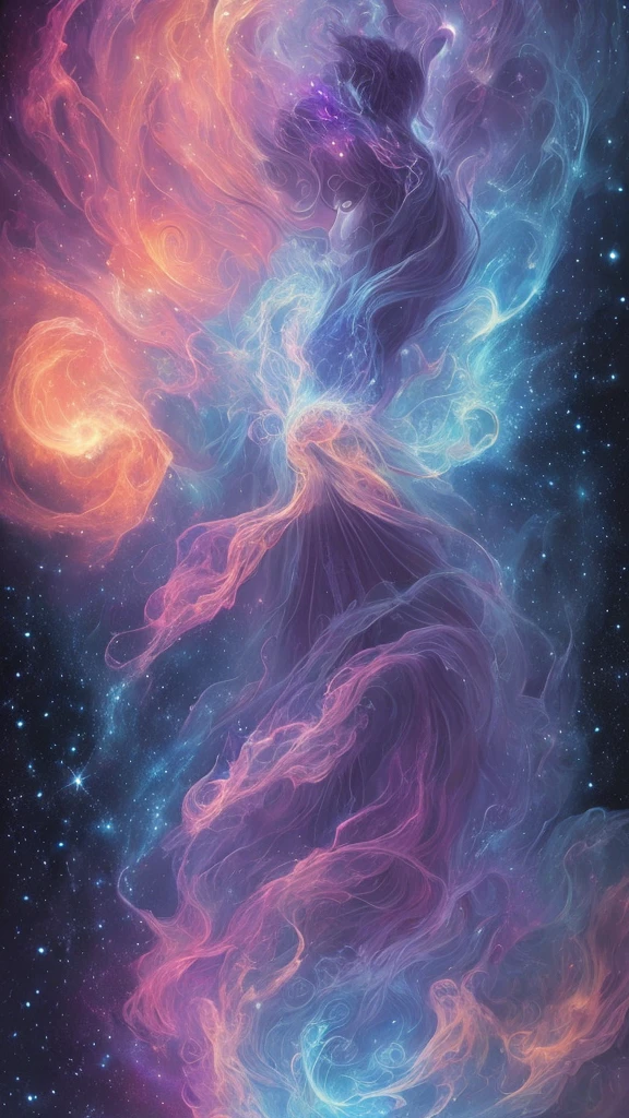 Inconcebible y espectacular una escena de aparición de una figura de la nube brillante., hilos de nebulosa fractal, cósmico entities, celestial, cósmico, vibrante y vívido, remolinos, girando, poco realista, alto contraste, simbolismo, mágico, místico, desconcertante, Híper realista, sobresaturar, colorido