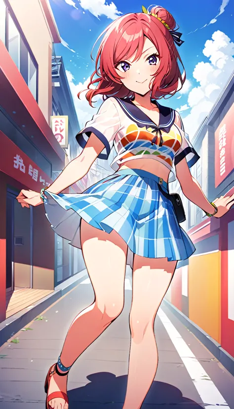 one girl, maki nishikino's whole body, wearing clothes for going out in the akihabara city in midsummer, id_maki_nishikino, town...