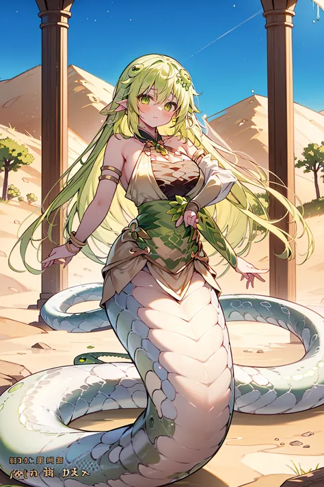 masterpiece, best quality,A girl,Lamia,Green snake tail,Green short hair,Double tail,Golden Eyes,Headdress,charming脸,Oval face(K...