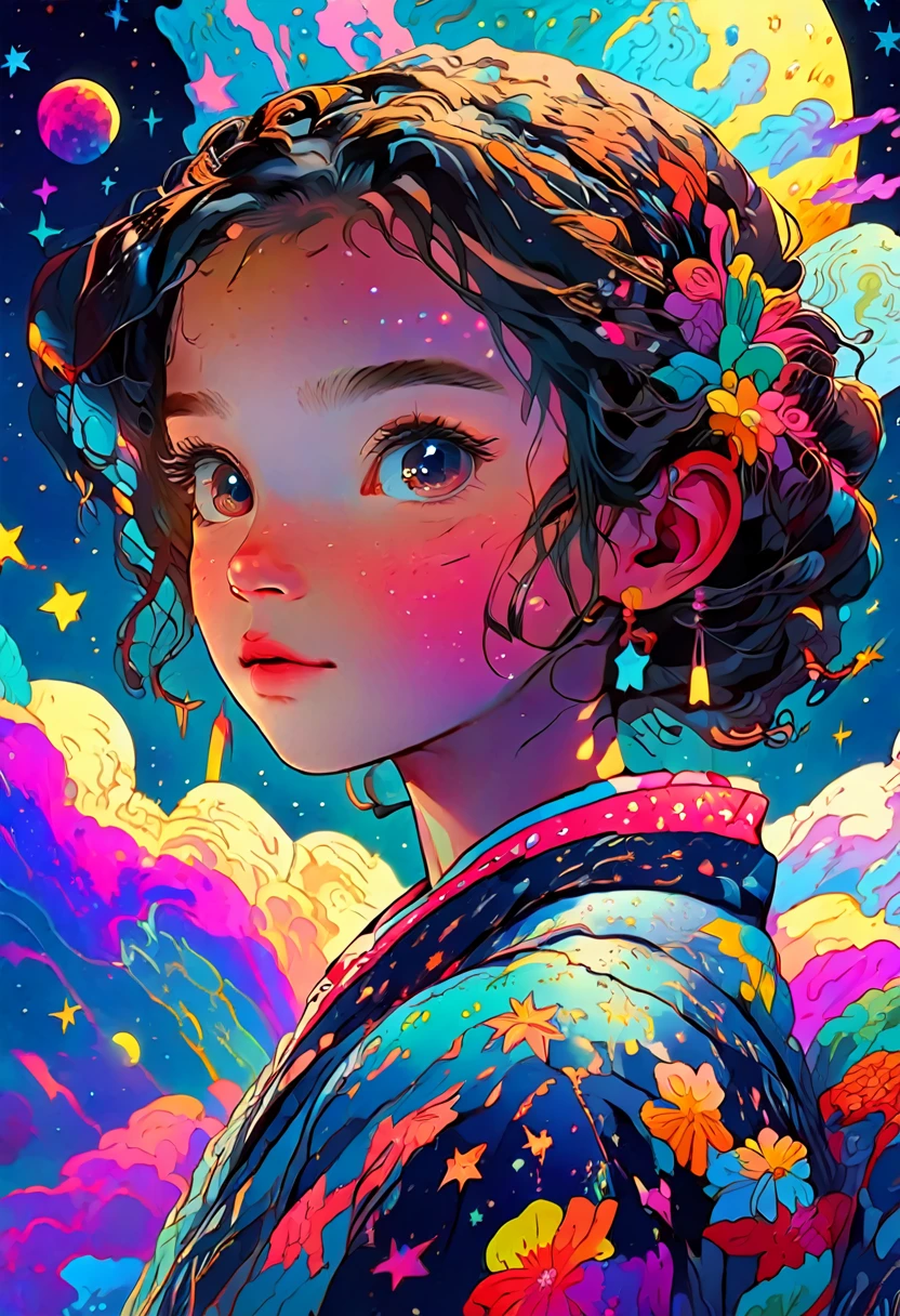 Very fine art style, highest quality, 8k, illustration, animation, girl, night sky, starry sky, colorful, intricate detailed, perfect shading