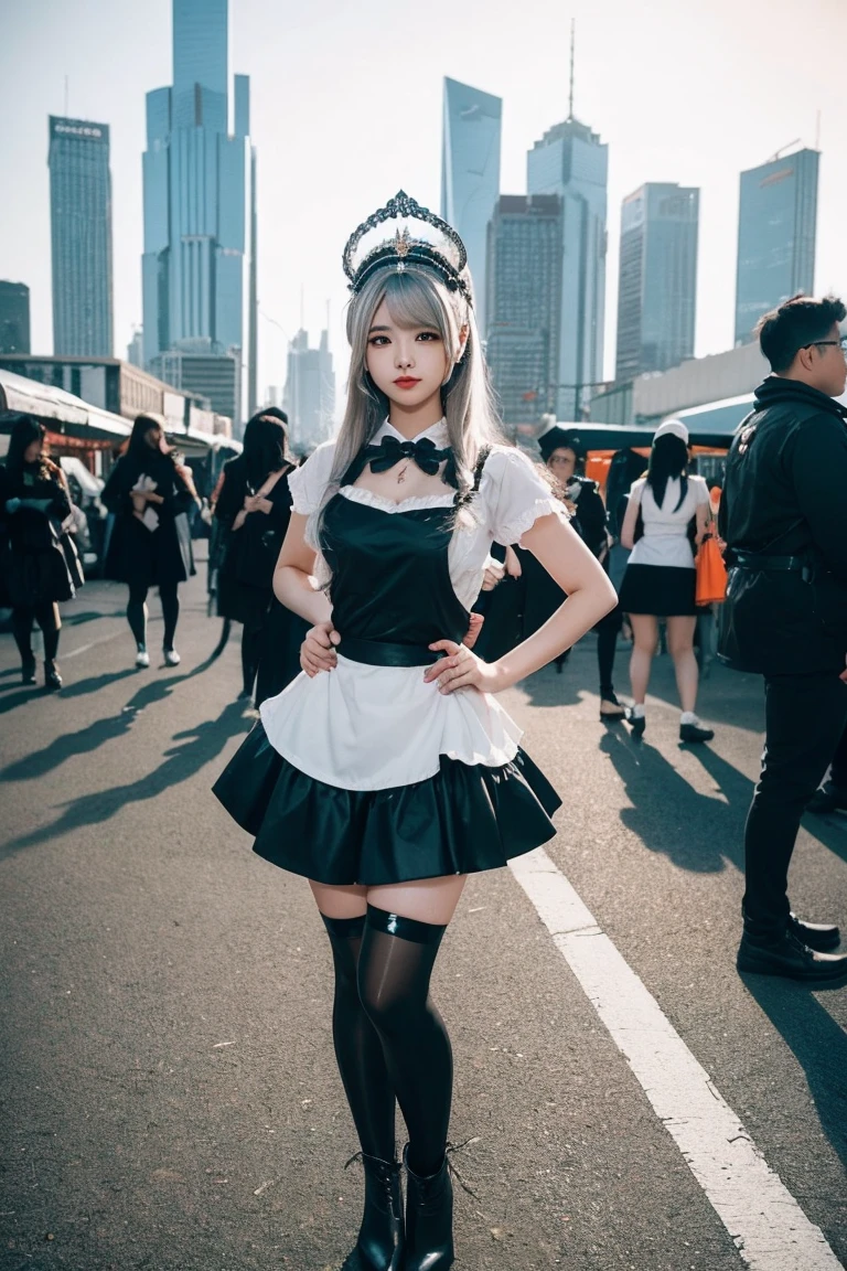 A full-body portrait of a female character in gothic clothing.。She has long grey hair and a distinctive headpiece.、Black and white outfit with shiny top and skirt、White apron-style front、Consists of black stockings and boots。Her expression is serious and attractive、The mole under his left eye is distinctive.。She puts one hand on her hip、With his other hand he adjusts the headpiece。In the background there is a blurred city skyline and orange traffic cones.、Suggests a cosplay event。The lighting is bright、The angle of the shot highlights her confident pose.。