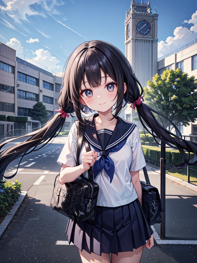 1girl, standing, gentle smile, 15yo, head tilt,
school building on the back,
(low twintails girl), low pigtails, black hair, very long hair,
serafuku with blue ribbon, navy-blue collar,
(brown eye), 1 student bag on right shoulder,
afternoon, summer,
from front,
4-story white school building, outdoor, tree on side,
anime, high brightness, detailed face, detailed eyes,
high quality, ultra detailed, masterpiece, FHD