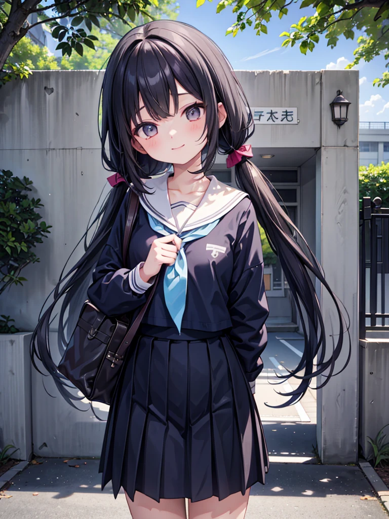 1girl, standing, gentle smile, 15yo, head tilt,
school building on the back,
(low twintails girl), low pigtails, black hair, very long hair,
serafuku with blue ribbon, navy-blue collar,
(brown eye), 1 student bag on right shoulder,
afternoon, summer,
from front,
4-story white school building, outdoor, tree on side,
anime, high brightness, detailed face, detailed eyes,
high quality, ultra detailed, masterpiece, FHD