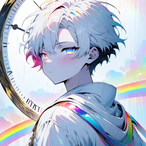 [(WHITE BACKGROUND:1.5)], ((masterpiece)), high quality, ((solo)), ((1 younger boy)), (white color short hair), (rainbow color e...