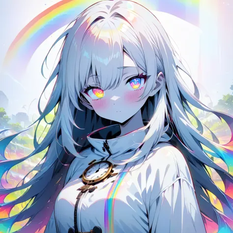 [(WHITE BACKGROUND:1.5)], ((masterpiece)), high quality, ((solo)), ((1 younger girl)), (white color long hair), (rainbow color e...