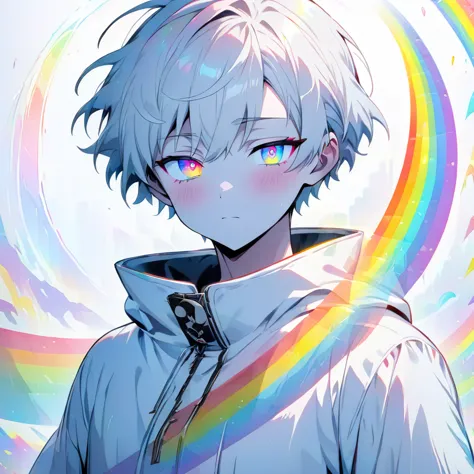 [(WHITE BACKGROUND:1.5)], ((masterpiece)), high quality, ((solo)), ((1 younger boy)), (white color short hair), (rainbow color e...