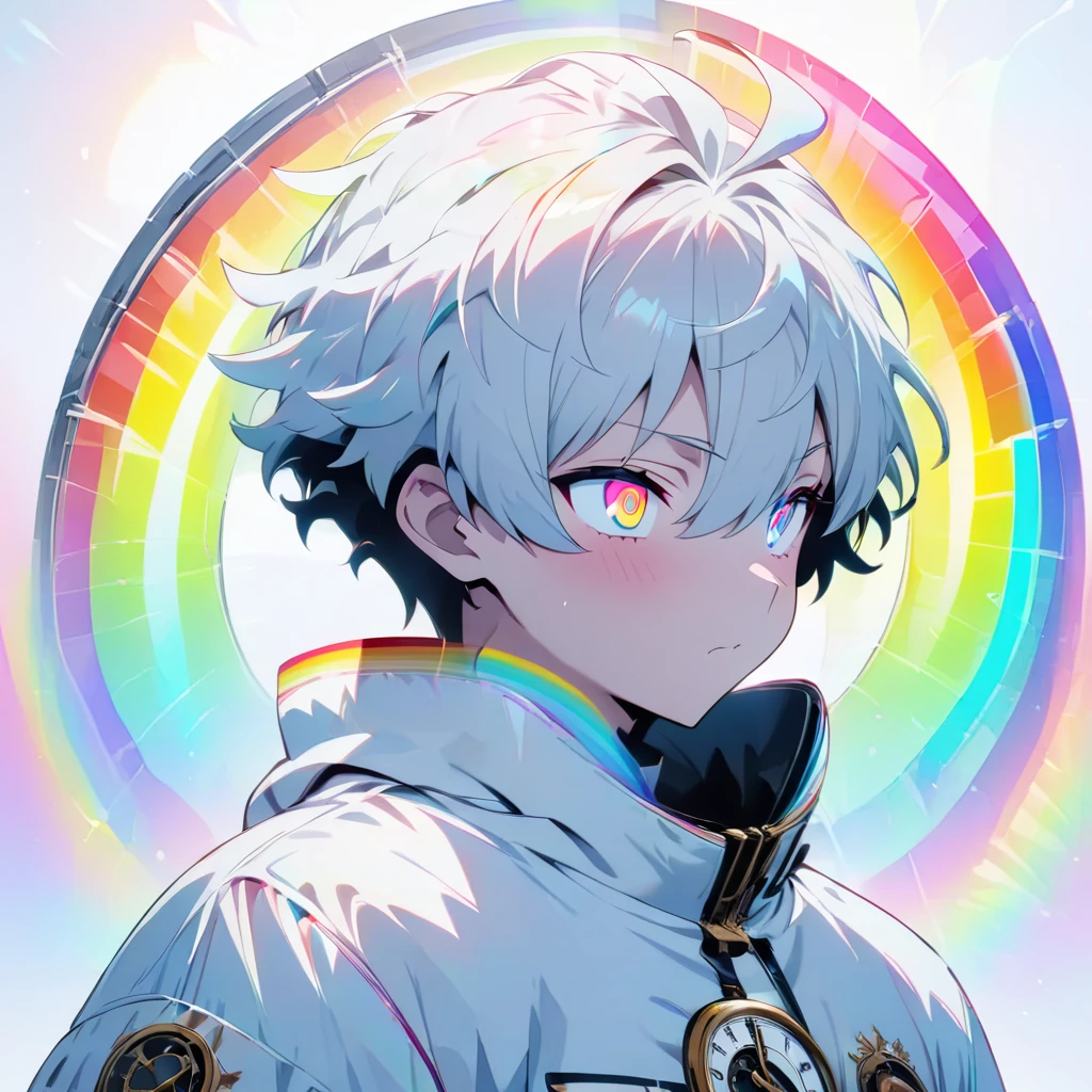 [(WHITE BACKGROUND:1.5)], ((masterpiece)), high quality, ((solo)), ((1 younger boy)), (white color short hair), (rainbow color eye), bright skin, white parka, upper body, ((anime style)), (clock rainbow effect:1.3),