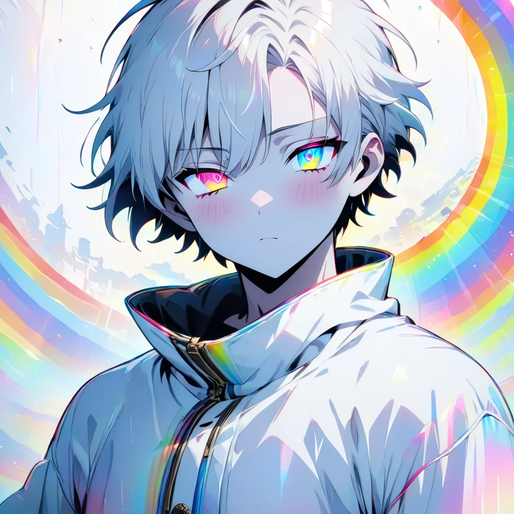 [(WHITE BACKGROUND:1.5)], ((masterpiece)), high quality, ((solo)), ((1 younger boy)), (white color short hair), (rainbow color eye), bright skin, white parka, upper body, ((anime style)), (clock rainbow effect:1.3),