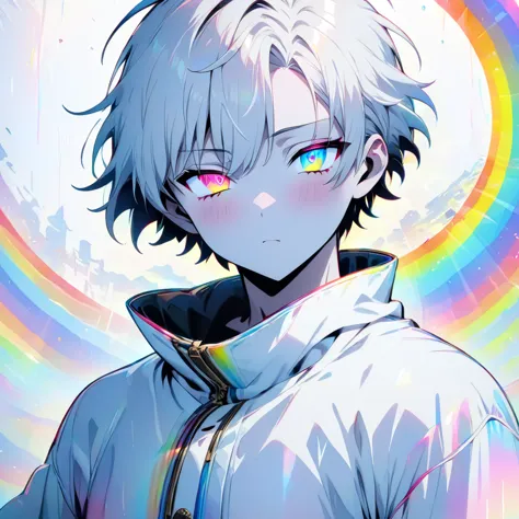 [(WHITE BACKGROUND:1.5)], ((masterpiece)), high quality, ((solo)), ((1 younger boy)), (white color short hair), (rainbow color e...