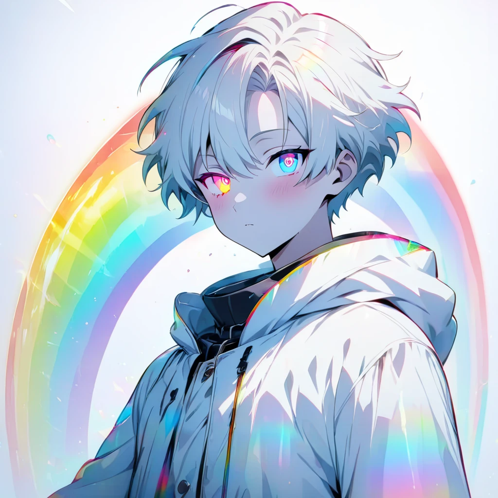 [(WHITE BACKGROUND:1.5)], ((masterpiece)), high quality, ((solo)), ((1 younger boy)), (white color short hair), (rainbow color eye), bright skin, white parka, upper body, ((anime style)), (clock rainbow effect:1.3),