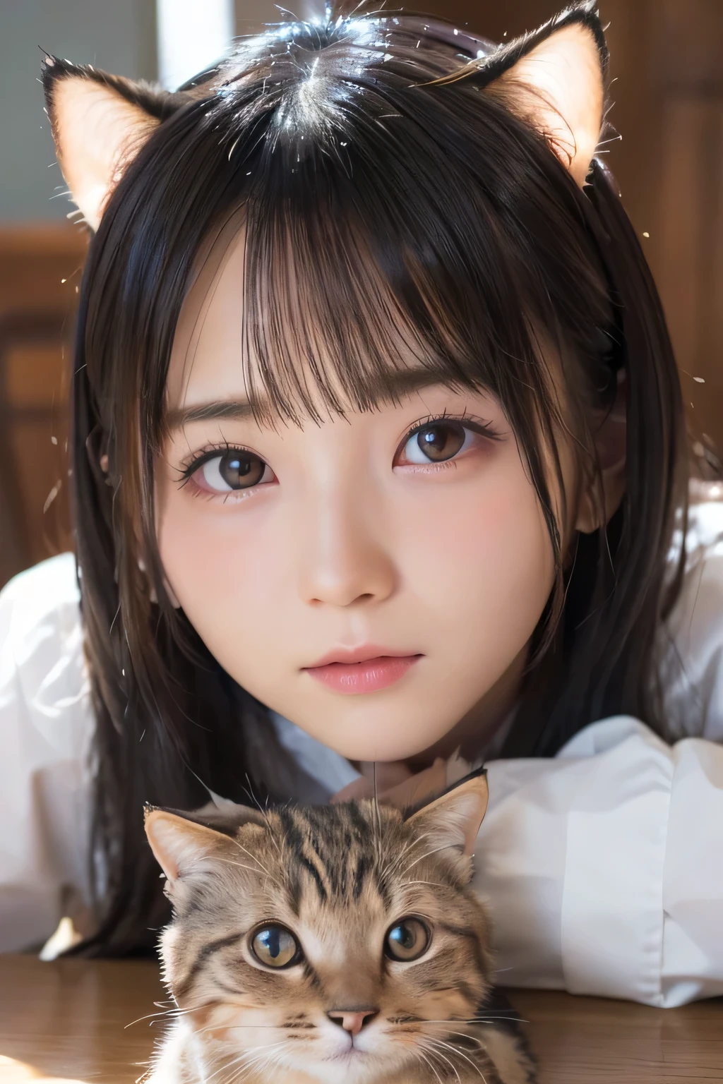 (8K, RAW Photos, Highest quality, masterpiece)、Anatomically correct、slim、cute、Baby Face、One girl、)、(Face shot close up:1.33)、(Pin Light, Backlight, Backlight, Cinematic Light), Sharp focus:1. 4, (Hyper Detail, In detail), ,,Cat ears style, Small, plump lips, まっすぐでcute鼻, Cheekbones are slightly red, Thick eyebrows and long, beautiful eyelashes.Put your chin on the table