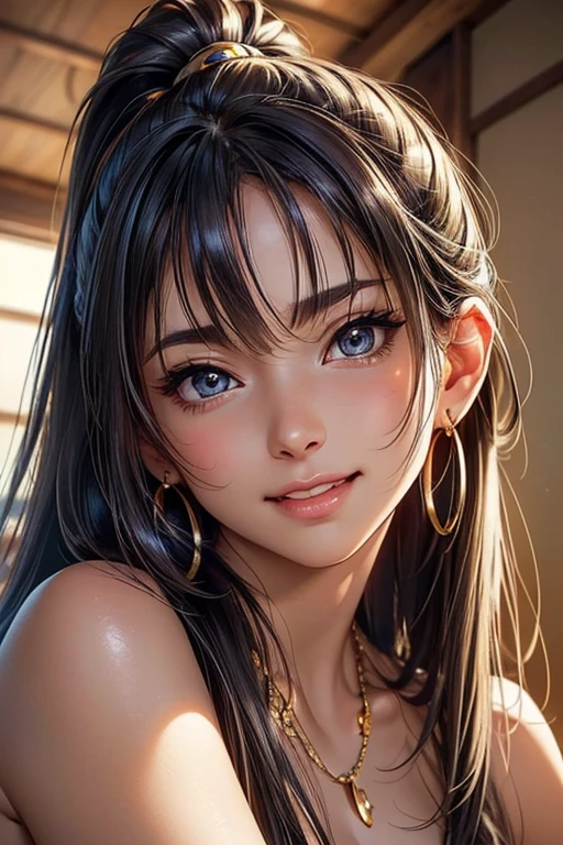 #Basics A girl is posing for a photo, animeのかわいい女の子, (((One Girl, Baby Face, Young girl, 16 years old))), 
BREAK 

#Clothing Accessories 
((Completely naked)), Gold hoop earrings, Gold Necklace, 
BREAK 

#Features 
(Silver Hair), (Chest-length sideburns), (ponytail : Long Hair + Thin hair tied up + Straight hair),  
(Droopy eyes, blue eyes), (Small breasts),  
BREAK 

#background environment 
((noon, Sunshine, Japanese-style house + Japanese-style room)), 
#Facial Expression Pose
((Big happy smile + Mouth wide open + Teeth are visible), (lying down, reclinin, reclined position)), 
#composition 
((Face the camera, Angle from the front)), 
BREAK 

#Body parts elements 
(Detailed hair, Beautiful Hair, Shiny Hair), 
(double eyelid, Long eyelashes, (Thin eyebrows)), 
(Expression of fine eyes, Beautiful and delicate eyes, Sparkling eyes, Eye Reflexes, Glitter Eyeliner), 
(Human Ear), 
(Beautiful Nose, Thin Nose), 
(Glossy lips, Beautiful Lips, Thick lips, Glossy Lips, Natural Cheeks), 
(Detailed face, Symmetrical facial features), 
(Detailed skin, Textured skin, Beautiful Skin, Shiny skin), 
BREAK 

#Quality 
(((Highest quality)), ((masterpiece)), ((Very detailed))), ((High resolution), (16K,1080P)), 
(Realistic), (Anatomically correct), 
((comics, anime)), (3DCG), CG illustration,
