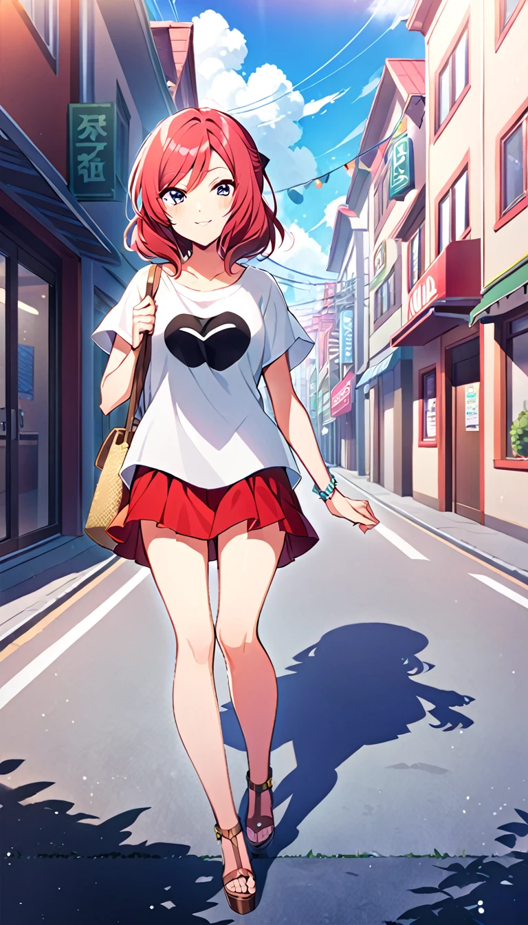 One girl, Maki Nishikino's whole body, wearing clothes for going out in the city in midsummer, id_maki_nishikino, town background