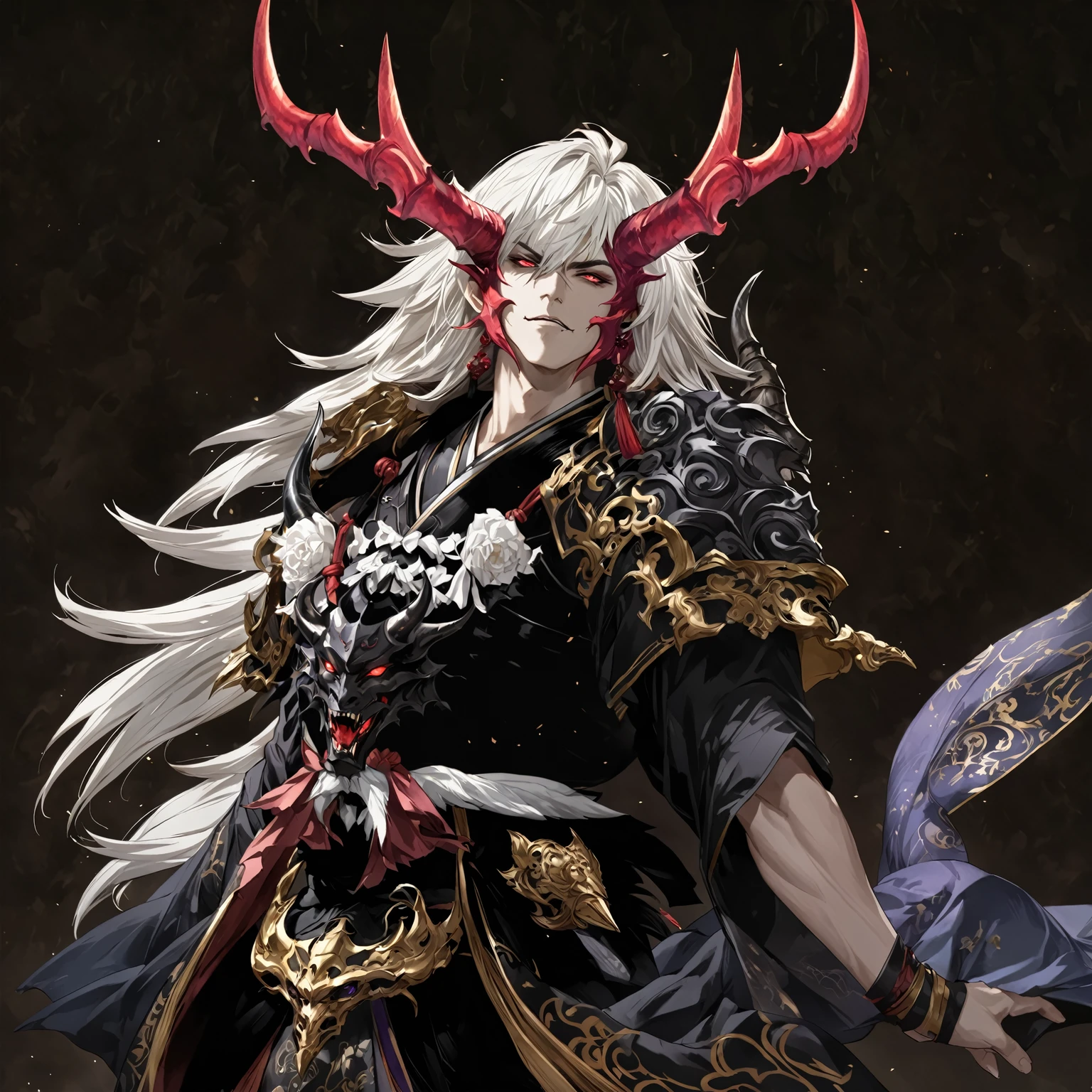 masterpiece, best quality, Fantasy aesthetics, Highly detailed, shadowverse style, male, japanese style, demonic horn, demonic, black samurai armor 