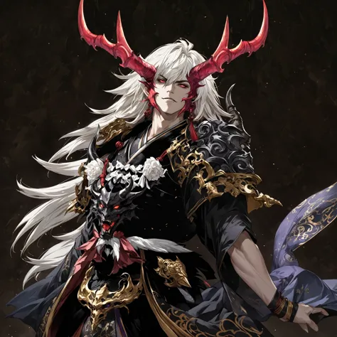 masterpiece, best quality, fantasy aesthetics, highly detailed, shadowverse style, male, japanese style, demonic horn, demonic, ...