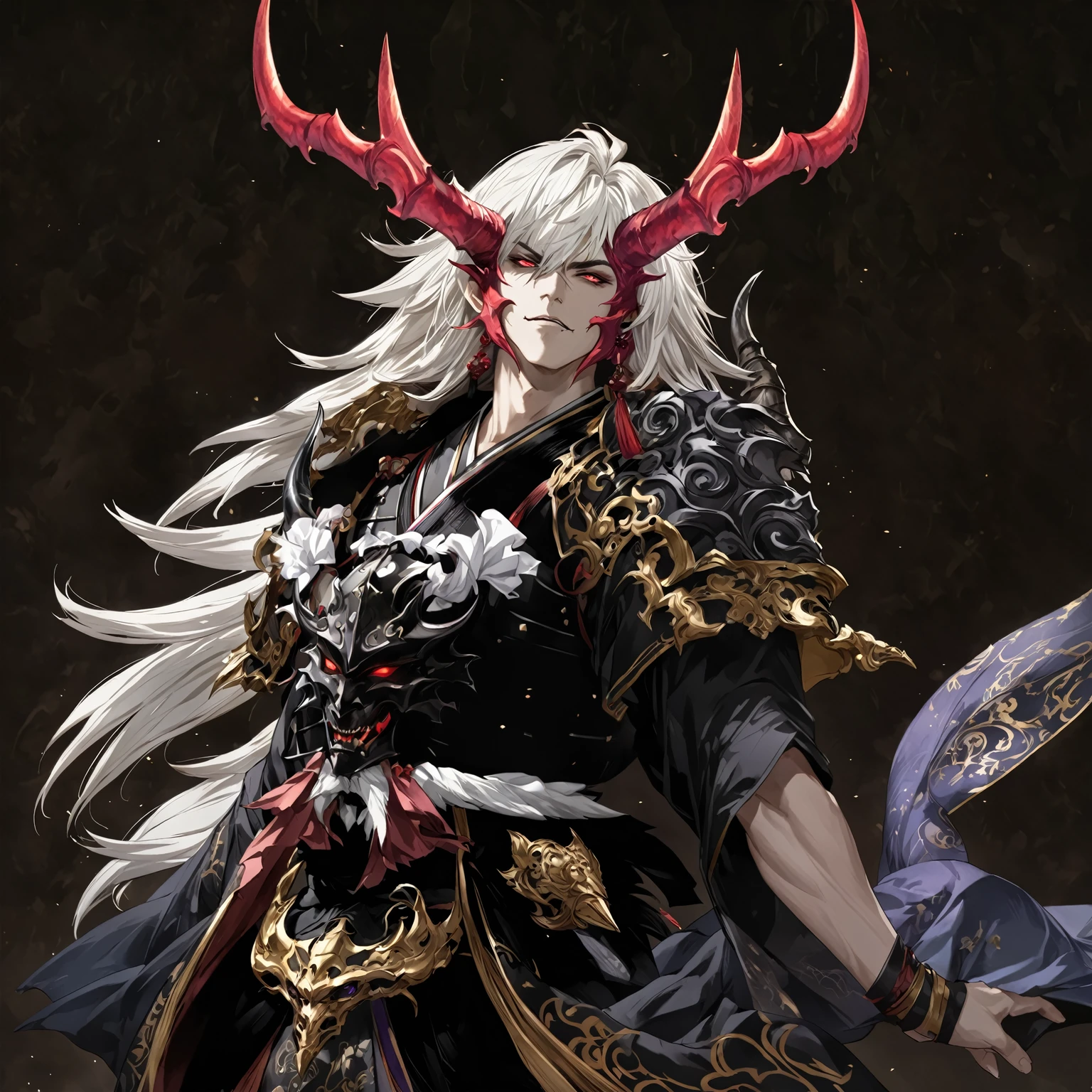 masterpiece, best quality, Fantasy aesthetics, Highly detailed, shadowverse style, male, japanese style, demonic horn, demonic, black samurai armor 