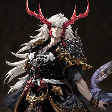 masterpiece, best quality, fantasy aesthetics, highly detailed, shadowverse style, male, japanese style, demonic horn, demonic, ...