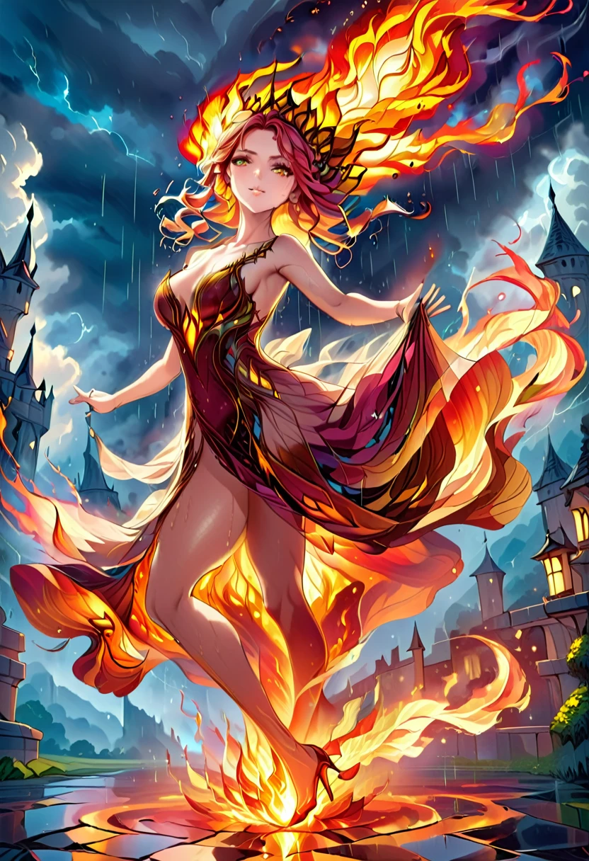  sorceress of fire making fire dance in a the storm of rain, a most exquisite beautiful sorceress, controlling fire manipulating fire, a woman, ultra detailed face, best detailed face, dynamic hair color, dynamic hair style, wet hair, wet face, dynamic eyes color, full body shot, wearing dress made of fire, wearing intricate high heels, light make up, dancing in courtyard of a fantasy castle, ((heavy rain drops: 1.1)), clouds in the sky, (anatomically correct: 1.4), (full body shot: 1.1) , vibrant, Ultra-high resolution, High Contrast, (masterpiece:1.5), highest quality, Best aesthetics), best details, best quality, highres, ultra wide angle, 16k, [ultra detailed], masterpiece, best quality, (extremely detailed), firecd_xl, phoenix dress, FireMagicAI