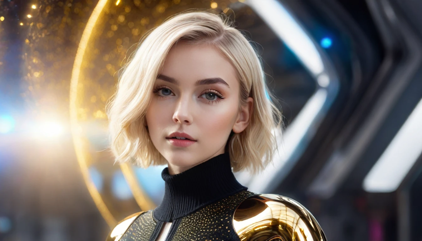 a beautiful 25 yo Prague woman with short blond bob angel hair, wearing a black sweater looking at a gold and chrome futuristic Venusian spacecraft, intricate detailing, HDR, vibrant contrast, 32k resolution, luminism lighting techniques, ultra-realistic digital render, bokeh, mass effect, close up black, beauty, pure perfection, divine presence, unforgettable, impressive, breathtaking beauty, Volumetric light, auras, rays, 8k uhd, dslr, soft lighting, high quality, natural textures 8k masterpiece canon eos r4s 50