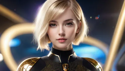 a beautiful 25 yo Prague woman with short blond bob angel hair, wearing a black sweater looking at a gold and chrome futuristic ...