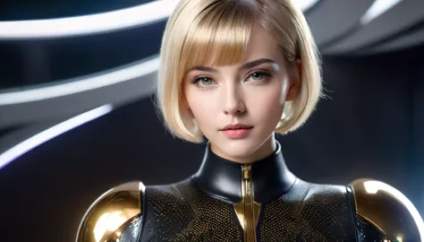 a beautiful 25 yo Prague woman with short blond bob angel hair, wearing a black sweater looking at a gold and chrome futuristic ...