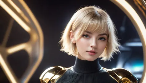 a beautiful 25 yo Prague woman with short blond bob angel hair, wearing a black sweater looking at a gold and chrome futuristic ...