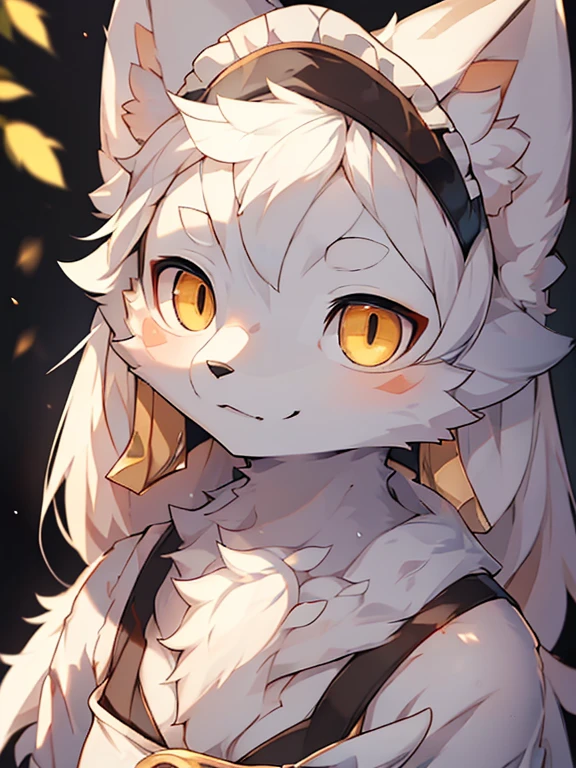 (Best image quality),(masterpiece),(((The only one))),(Very detailed),(Female arctic fox:1.5), (White skin:1.3), hairy，(White fur:1.3),((Golden pupils)) ,(Gray ears),(hairy 动物 耳朵s)，((身穿的maid装)，maid，Smile，Natural Lighting，Complex background,Delicate face，Details on the face，character focus，Detailed clothes，Upper Body，Depth of Field，Perfect lighting，Light Particles，Clear focus，Light Particles，Eye，Solitary