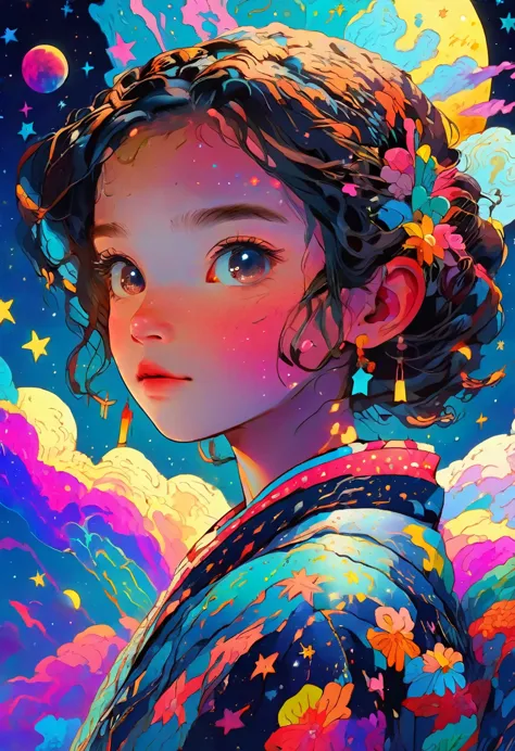 Very fine art style, highest quality, 8k, illustration, animation, girl, night sky, starry sky, colorful, intricate detailed, pe...