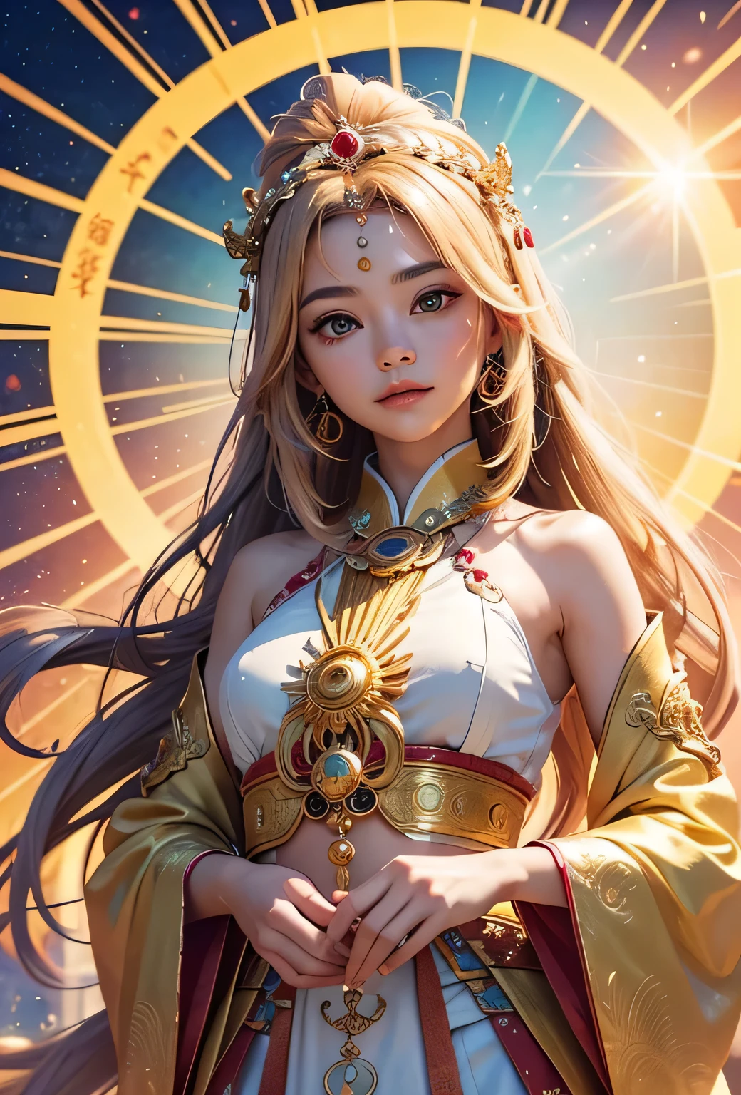 "Child of the Sun, Goddess of Love": Within a sacred sanctuary bathed in sunlight, depict the figure of a sun goddess who governs love, facing forward and emanating divine radiance. She is a , around 3 years old. Zoom in to focus on her face, with a gleaming orb of light in her hands, representing the life-giving power of the sun. Her hair is shimmering gold, and she is wearing a traditional miko outfit as seen in Japanese shrines. The background should be predominantly gold, evoking a sense of divine splendor, with numerous heart-themed objects expressing the beauty of love. The setting is in heaven, enveloped in soft, bright light, where one can find tranquility and peace of mind, free from any trace of anxiety.Straight-on.