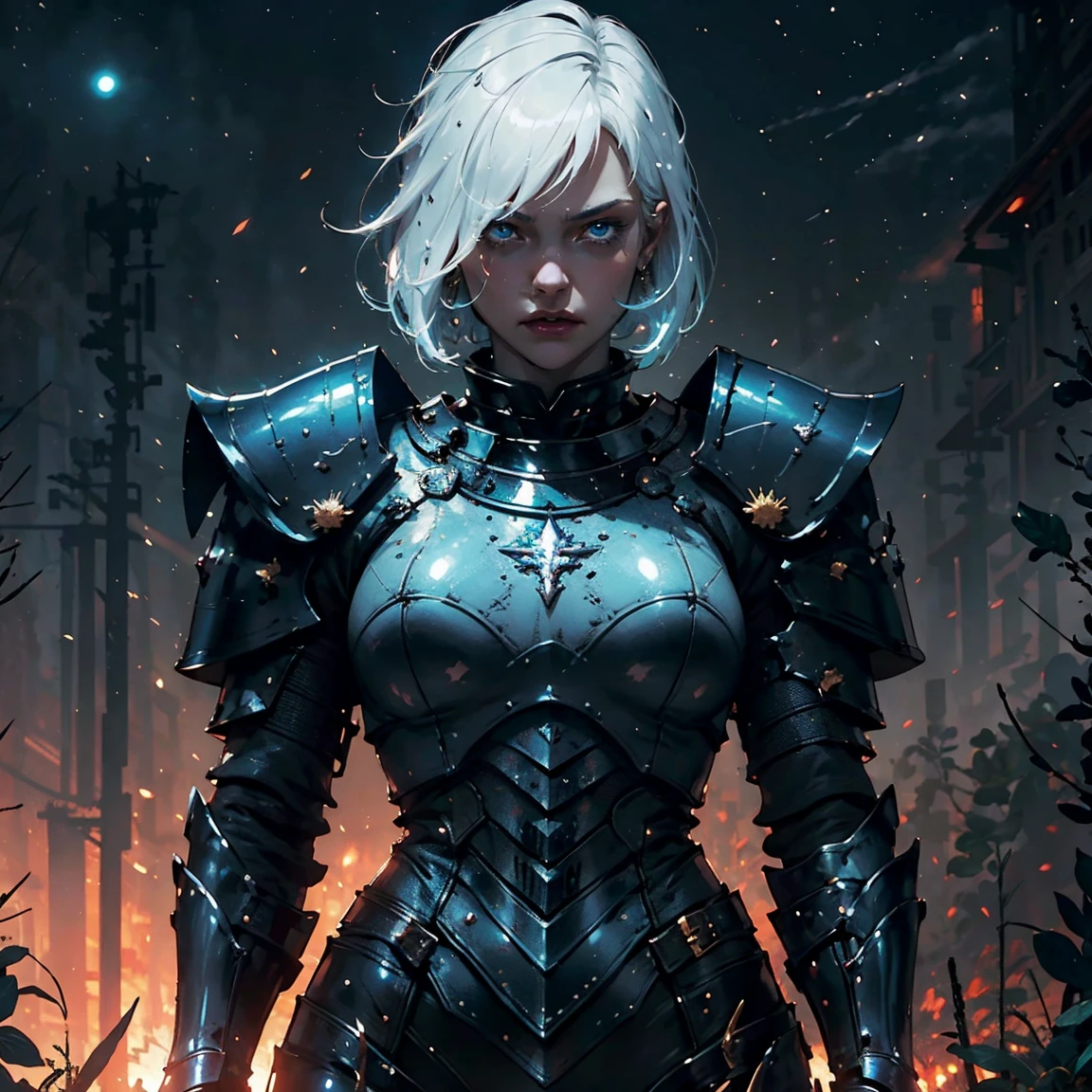 1girl, (solo), short curly hair, golden hair, small breasts, light blue eyes, small size, fair skin, serious face, (fangs), (blue armor plate), full body, (night), blood moon, medieval town, forest behind, (very sexy body, detailed face, masterpiece, highly detailed, 8k, best quality, vibrant colors, digital art, concept art).