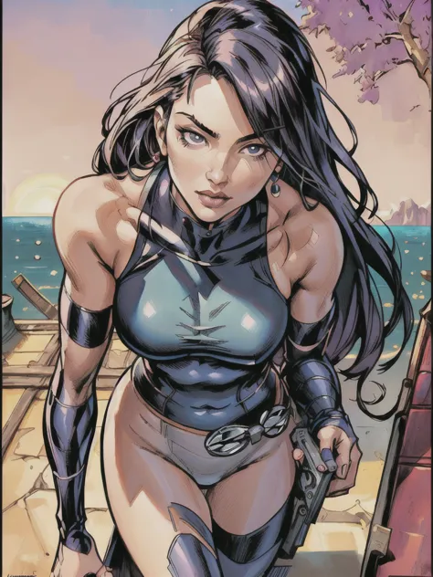 Create a masterful masterpiece book cover of psylocke standing on moonlight roof looking at the ultra-detailed horizon inspired ...